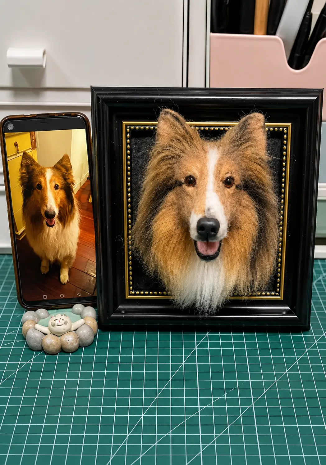 Handmade custom Sable and White Rough Collie wool felt portrait with realistic fur details.