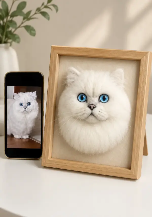 Handmade custom Chinchilla Persian cat 3D wool felt portrait framed and handcrafted from your pet photo.